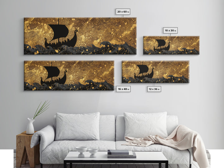 Viking Funerary Ship Canvas Gold Art Norse Mythology Canvas Art, Office Wall Decor framed in real wood, Dad Gift Man Cave