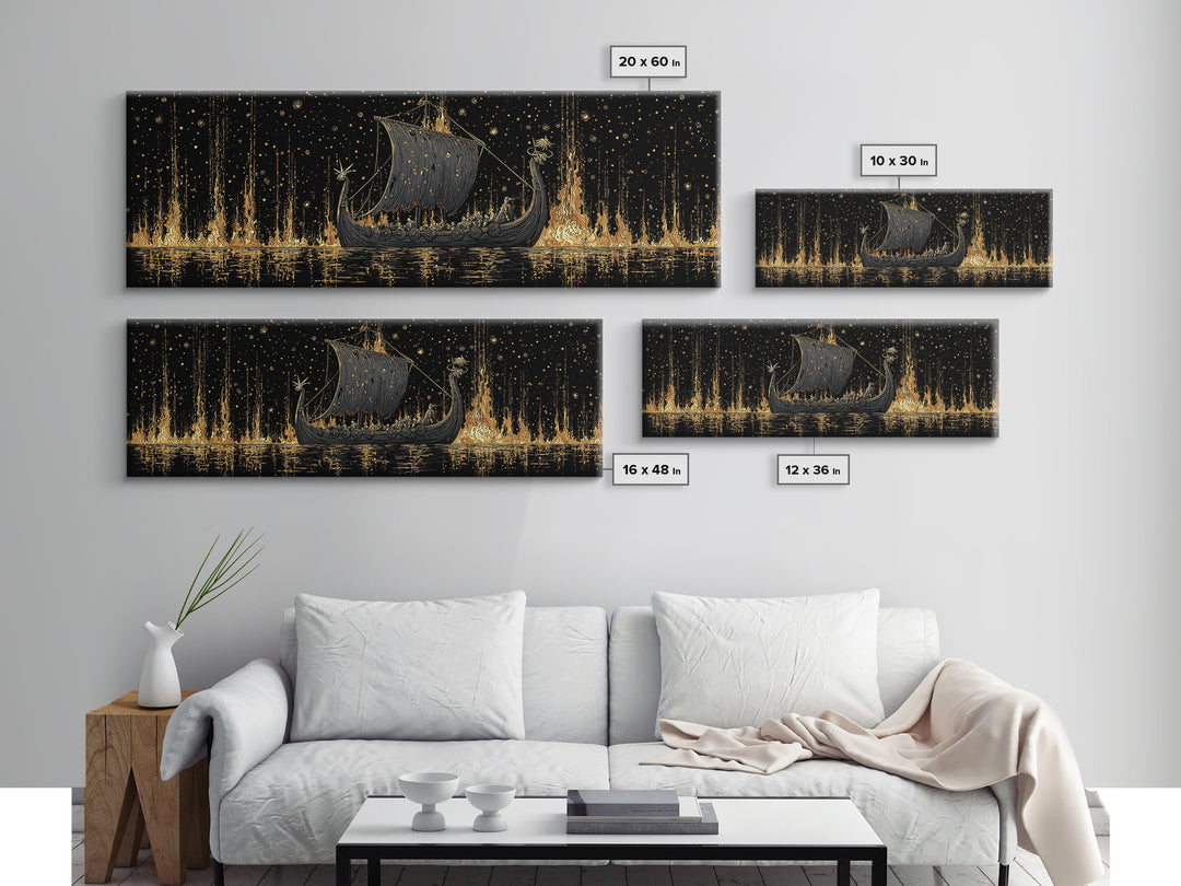 Nordic Viking Warriors Canvas Gold Art Canvas Art, Mythology Office Wall Hanging in natural wood frame, Gift for Him Decor
