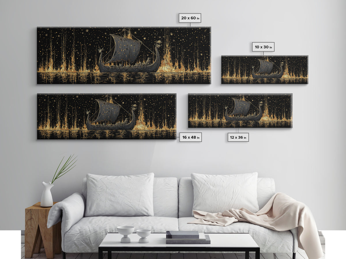Nordic Viking Warriors Canvas Gold Art Canvas Art, Mythology Office Wall Hanging in natural wood frame, Gift for Him Decor