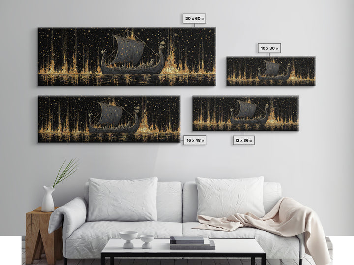 Nordic Viking Warriors Canvas Gold Art Canvas Art, Mythology Office Wall Hanging in natural wood frame, Gift for Him Decor