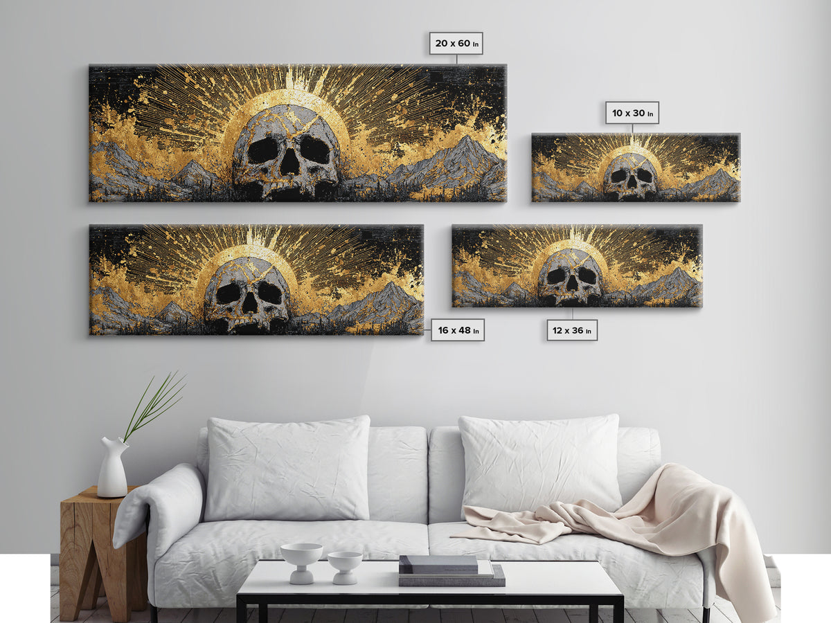 Nordic Mythology Canvas Gold Art, Ymir Skull Landscape Canvas Art with Natural Wood Frame, Viking Man Cave Wall Decor