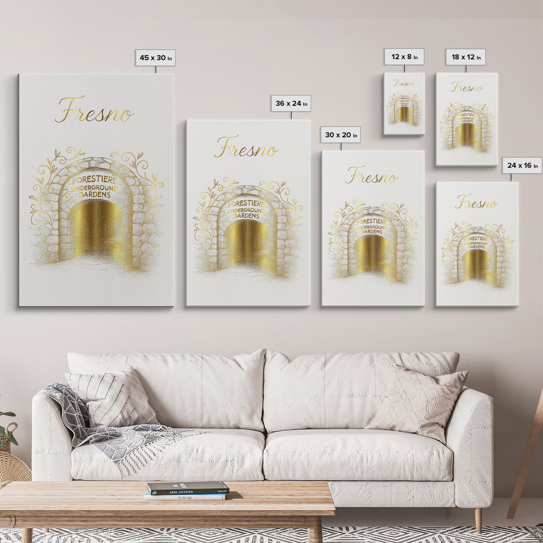 Fresno Travel Poster, Framed Canvas Print, Gold Outline Poster Art, Fresno Poster Print, Mid Century Wall Art, Gift For Travelers