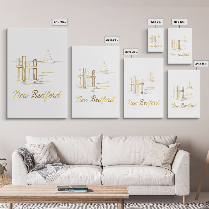 New Bedford Travel Poster, Framed Canvas Print, Minimalist Gold Line Art, New Bedford Travel Art, Living Room Wall Art, Modern Wall Decor