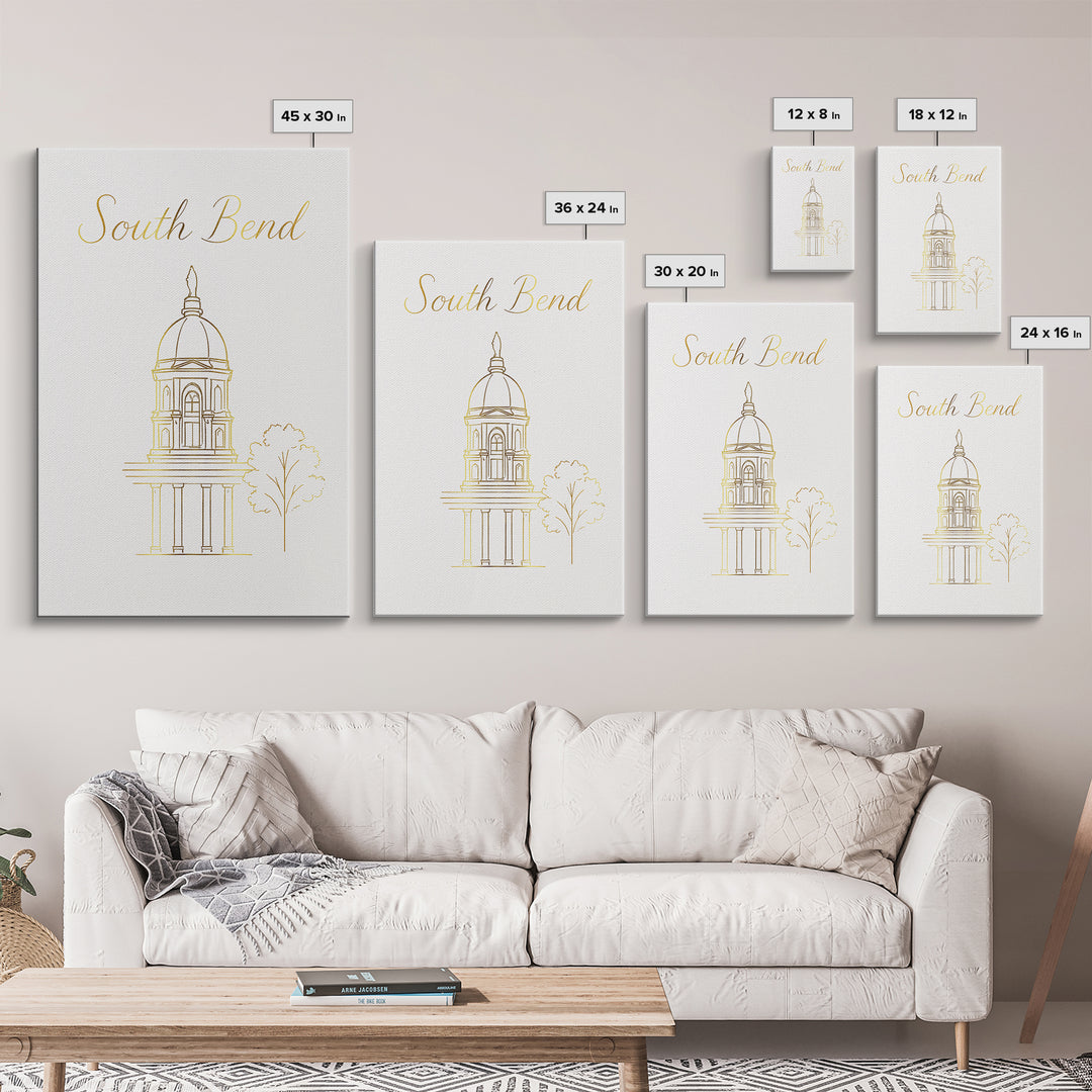 South Bend Travel Poster, Framed Canvas Print, Clean Sketch Wall Art, South Bend City Art, Vintage City Art, Vintage Travel Art