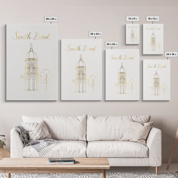 South Bend Travel Poster, Framed Canvas Print, Clean Sketch Wall Art, South Bend City Art, Vintage City Art, Vintage Travel Art