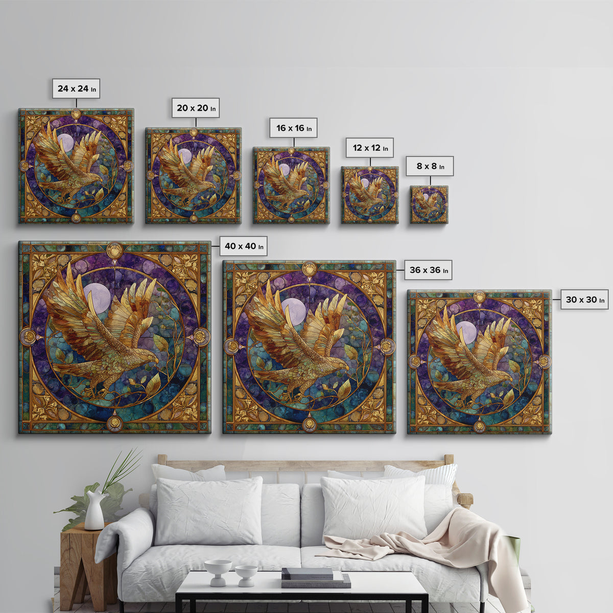Icarus Falling Through Golden Sky and Feathers Framed Canvas Print, Mythological Art, Print, Living Room Decor, Oil Painting, MYT-1x1-28