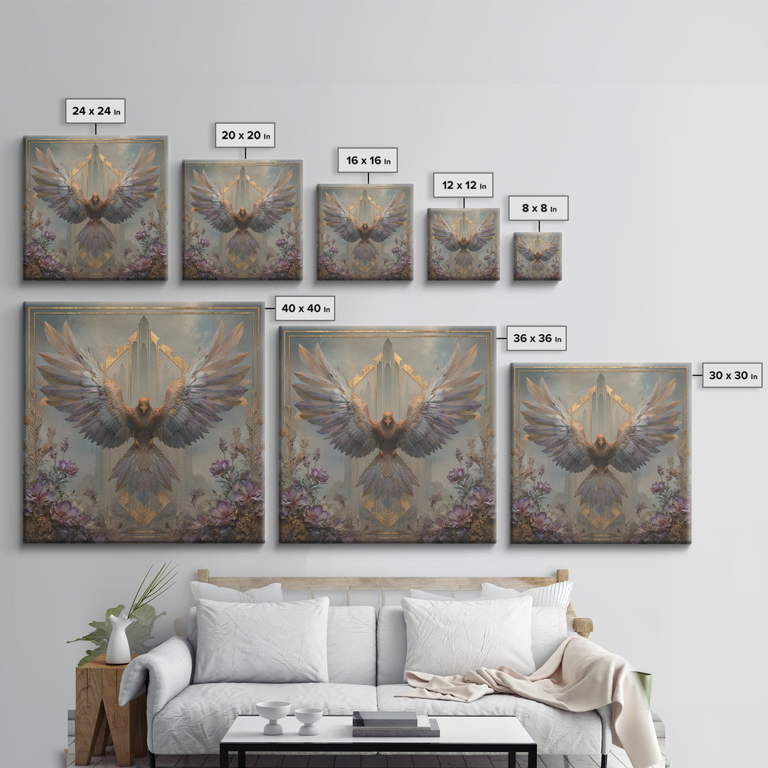 Icarus Falling Through Golden Sky and Feathers Framed Canvas Print, Mythological Art, Living Room Decor, Fine Art, Legend, MYT-1x1-52