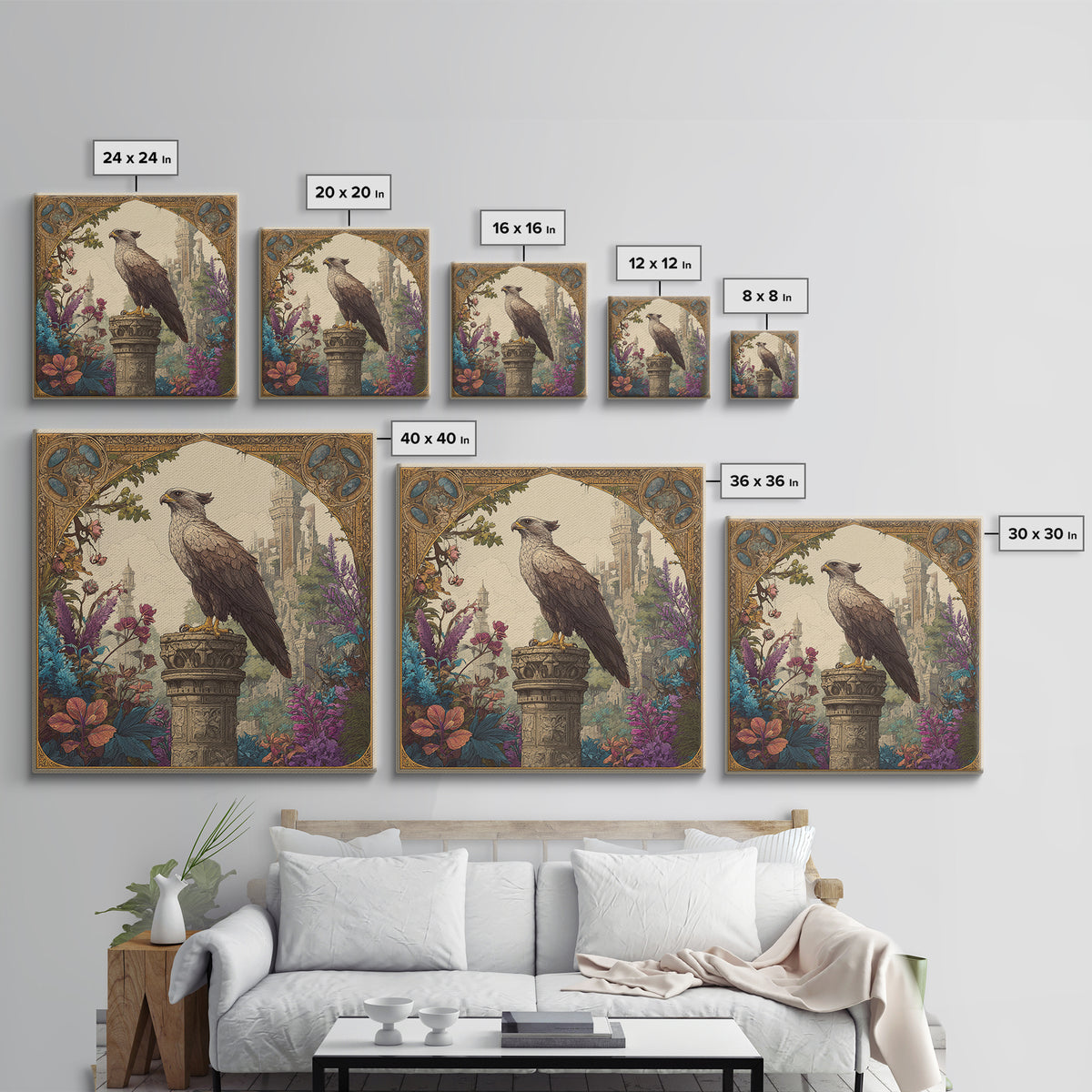 Griffin Perched on Ancient Stone Column Canvas Print, Mythological Art, Neutral Decor, Living Room Decor, Fine Art, Legend, MYT-1x1-86