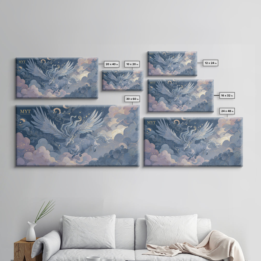 Pegasus Flying Above Cloud Kingdom Canvas Print, Mythological Art, Contemporary Art, Living Room Decor, Fine Art, Legend, MYT-2x1-17