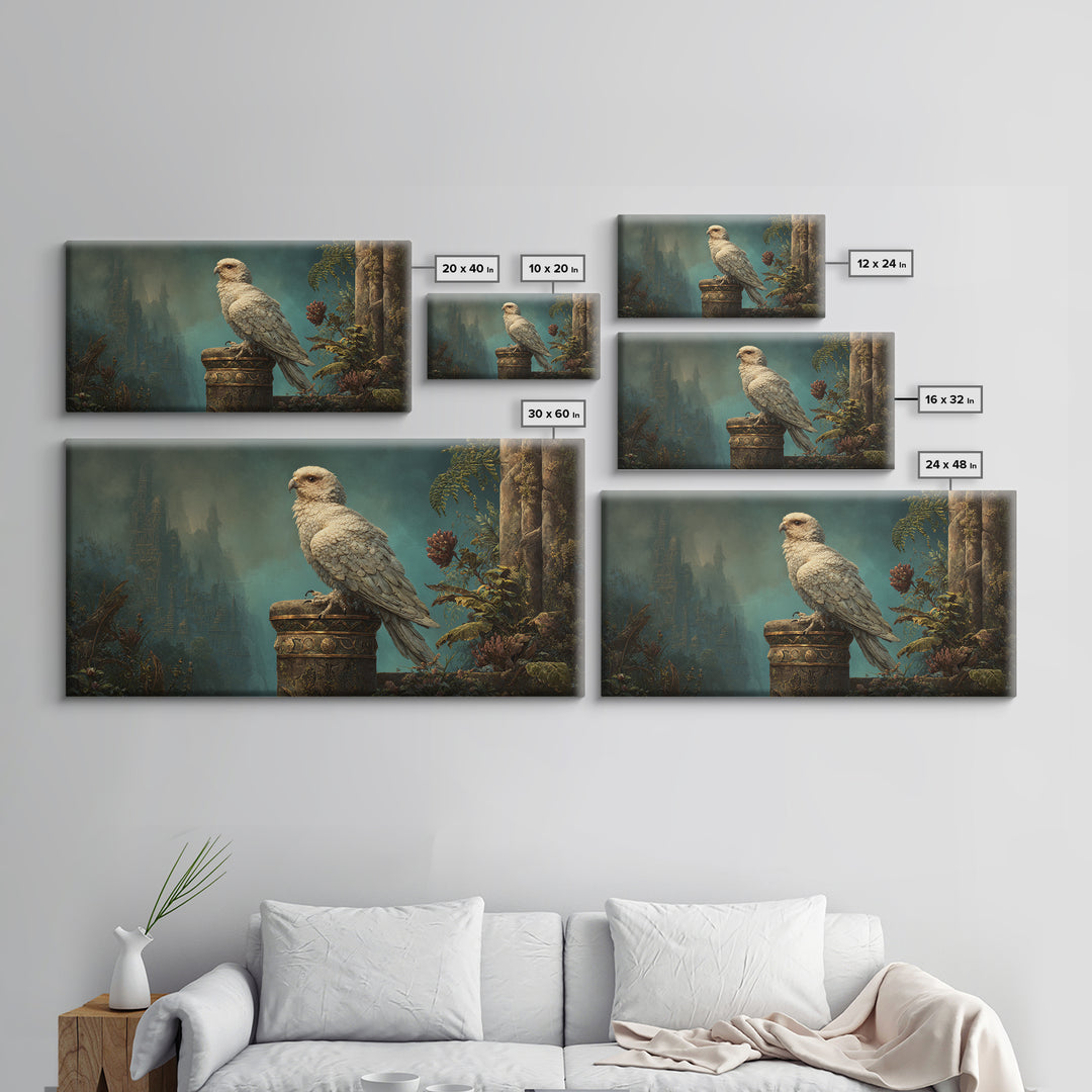 Griffin Perched on Ancient Stone Column Framed Canvas Print, Mythological Art, Luxury Decor, Living Room Decor, Legend, MYT-2x1-34