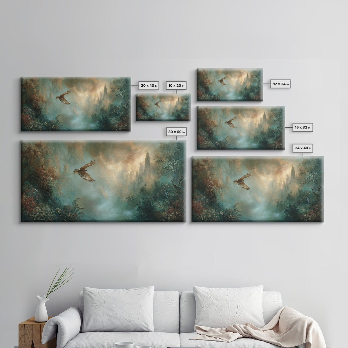 Icarus Falling Through Golden Sky and Feathers Canvas Print, Mythological Art, Art, Living Room Decor, Fine Art, Legend, MYT-2x1-48