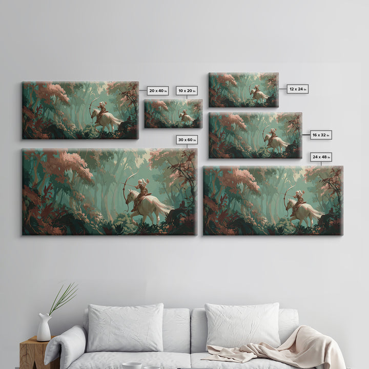 Centaur Archer in Misty Forest Framed Canvas Print, Mythological Art, Prints, Living Room Decor, Legend, Dark Academia Decor, MYT-2x1-60