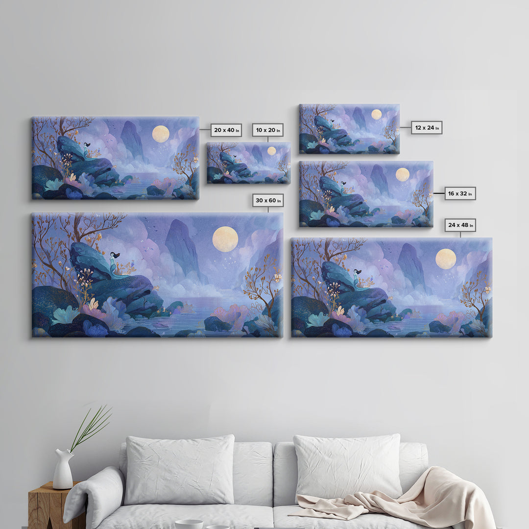 Mermaid Siren on Rocks Framed Canvas Print, Mythological Art, Contemporary Art, Living Room Decor, Legend, Digital Wall Art, MYT-2x1-83