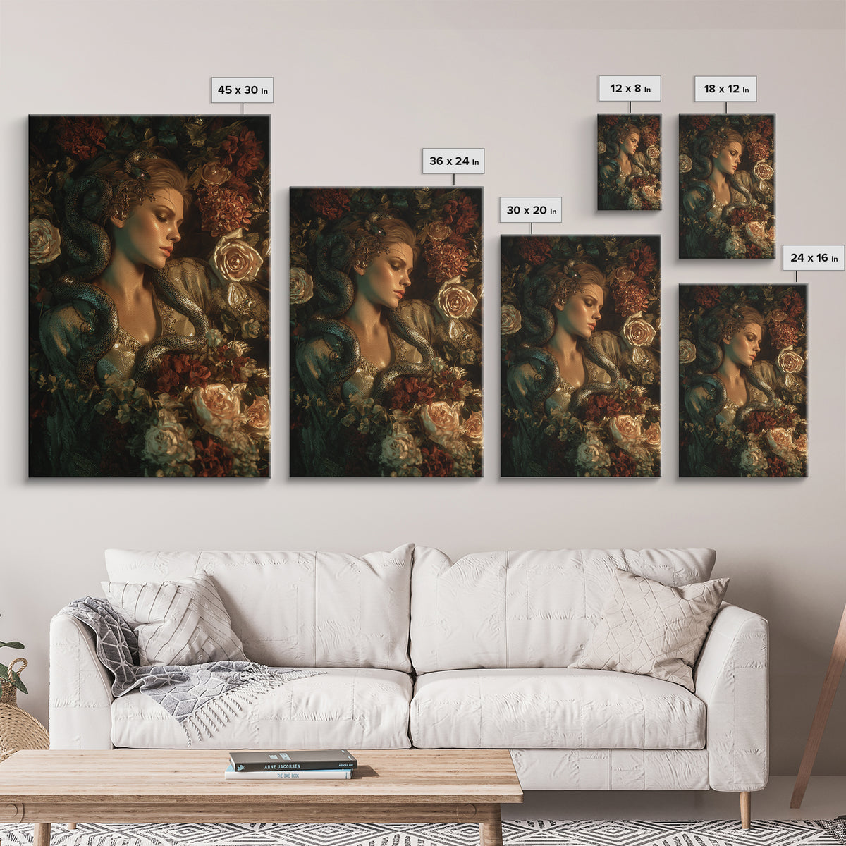 Medusa Portrait with Serpents and Tragic Beauty Framed Canvas Print, Mythological Art, Art Print, Living Room Decor, Legend, MYT-2x3-33