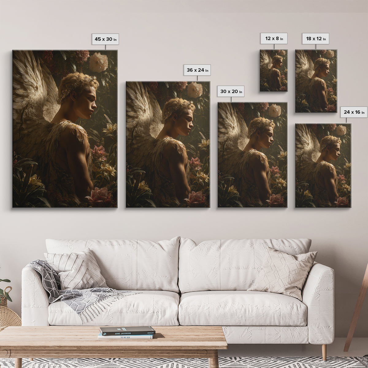 Icarus Falling Through Golden Sky and Feathers Canvas Print, Mythological Art, Living Room Wall Art, Living Room Decor, Legend, MYT-2x3-36