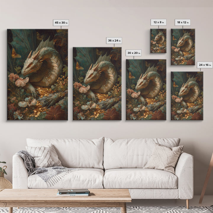 Dragon Guarding a Hoard of Ancient Gold Framed Canvas Print, Mythological Art, Fine Art Print, Living Room Decor, Legend, MYT-2x3-4