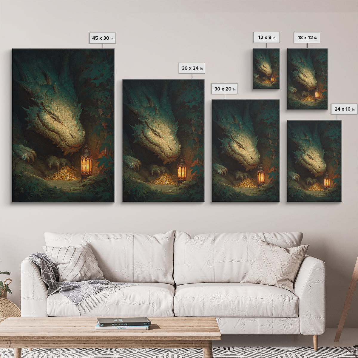 Dragon Guarding a Hoard of Ancient Gold Framed Canvas Print, Mythological Art, Gothic Home Decor, Living Room Decor, Legend, MYT-2x3-76
