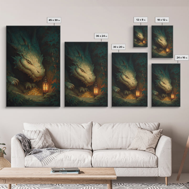 Dragon Guarding a Hoard of Ancient Gold Framed Canvas Print, Mythological Art, Gothic Home Decor, Living Room Decor, Legend, MYT-2x3-76