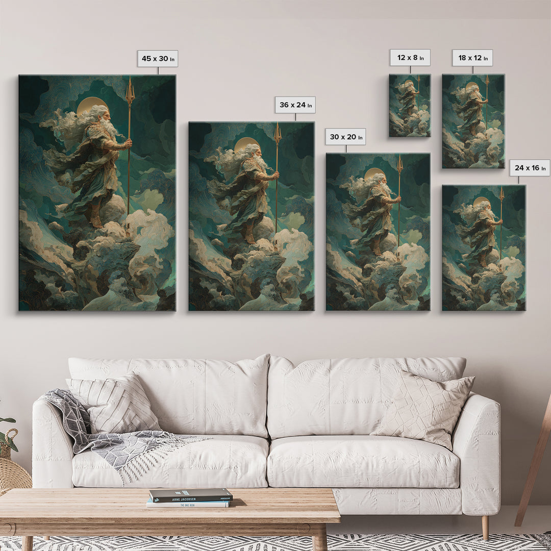 Poseidon Figure Rising from Stormy Ocean Framed Canvas Print, Mythological Art, Portrait, Living Room Decor, Fine Art, Legend, MYT-2x3-83