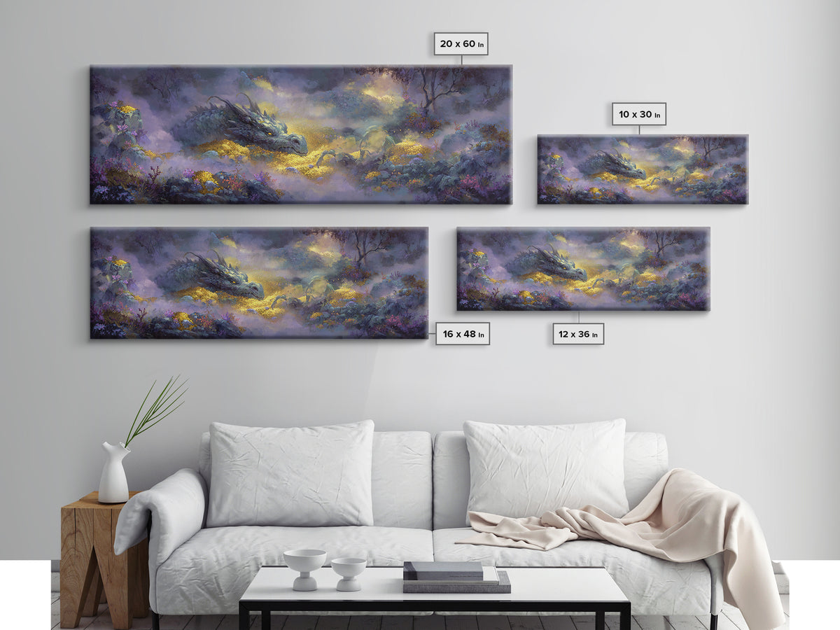 Dragon Guarding a Hoard of Ancient Gold Canvas Print, Mythological Art, Digital Art Download, Living Room Decor, Legend, MYT-3x1-36