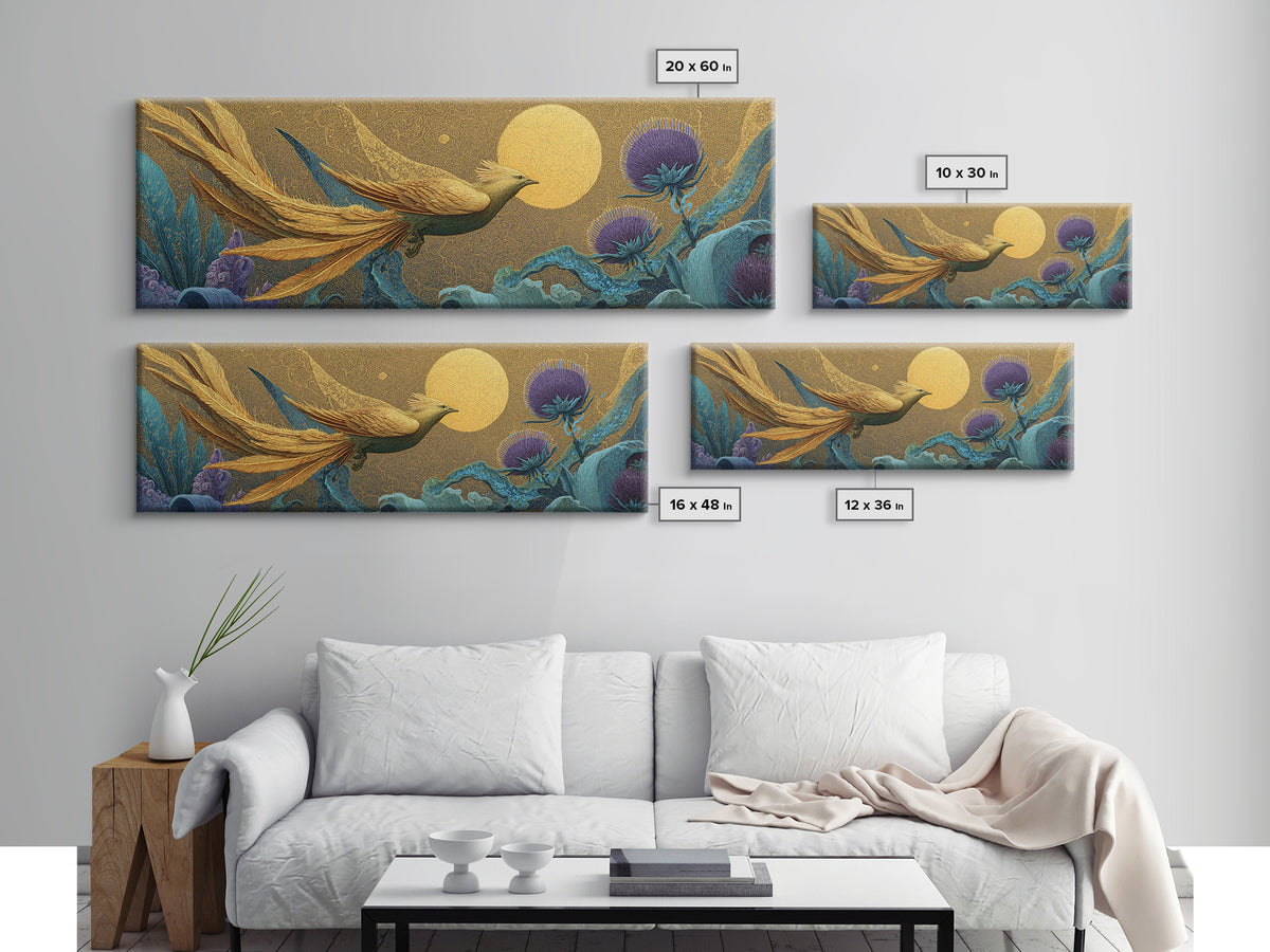 Icarus Falling Through Golden Sky and Feathers Framed Canvas Print, Mythological Art, Gallery Decor, Living Room Decor, Legend, MYT-3x1-44