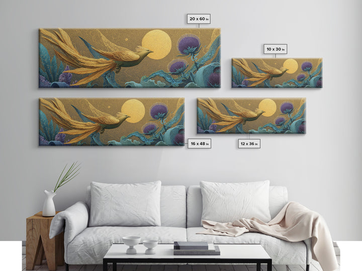 Icarus Falling Through Golden Sky and Feathers Framed Canvas Print, Mythological Art, Gallery Decor, Living Room Decor, Legend, MYT-3x1-44