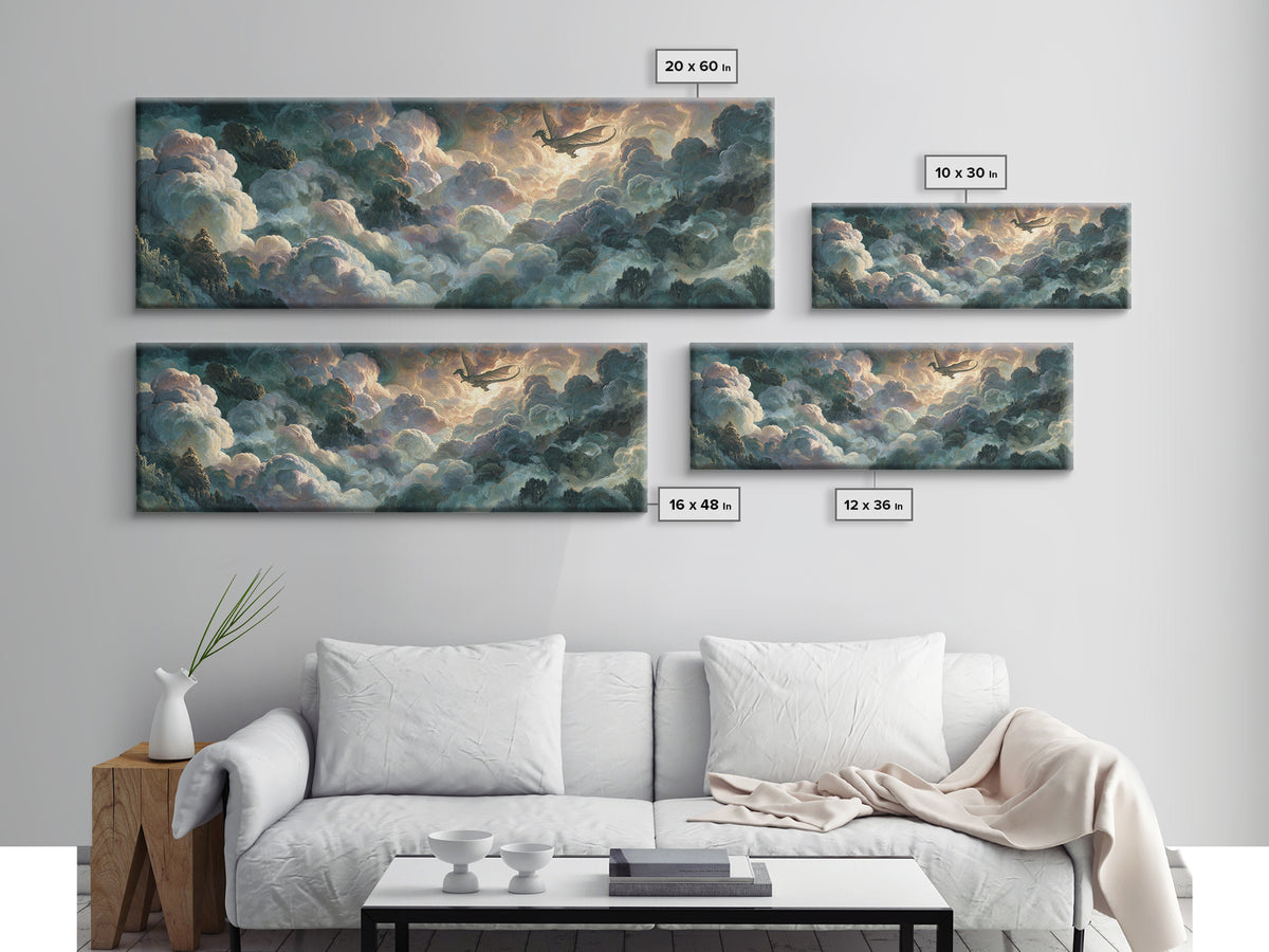 Pegasus Flying Above Cloud Kingdom Canvas Print, Mythological Art, Bedroom Wall Art, Living Room Decor, Oil Painting, Legend, MYT-3x1-85