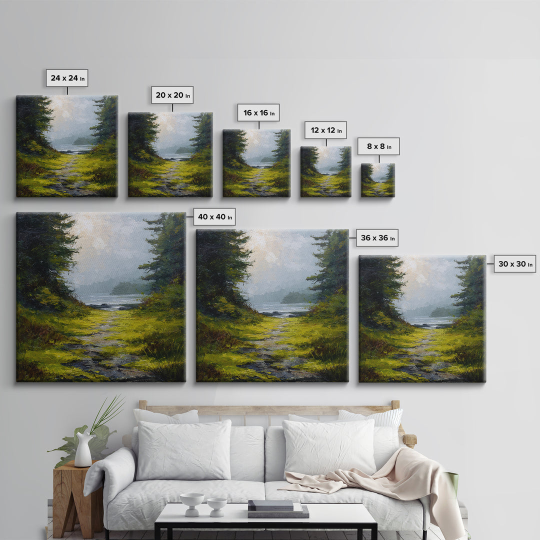 Sunlit Forest Path Framed Canvas Print, Nature Art, Bird Wall Art, Living Room Decor, Fine Art, Nature, Textured Painting, NAT-1x1-1