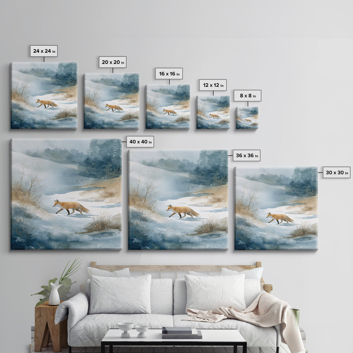 Fox Crossing a Snowy Forest Clearing Canvas Print, Nature Art, Stained Glass Art, Living Room Decor, Fine Art, Nature, NAT-1x1-10