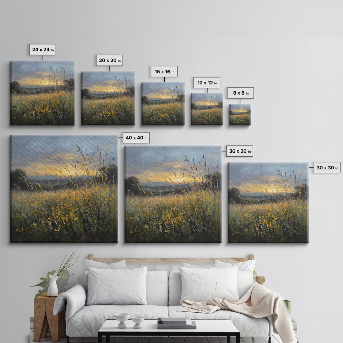 Sunrise Through Tall Grass and Wildflowers Framed Canvas Print, Nature Art, Framed Art, Living Room Decor, Watercolor Art, NAT-1x1-11
