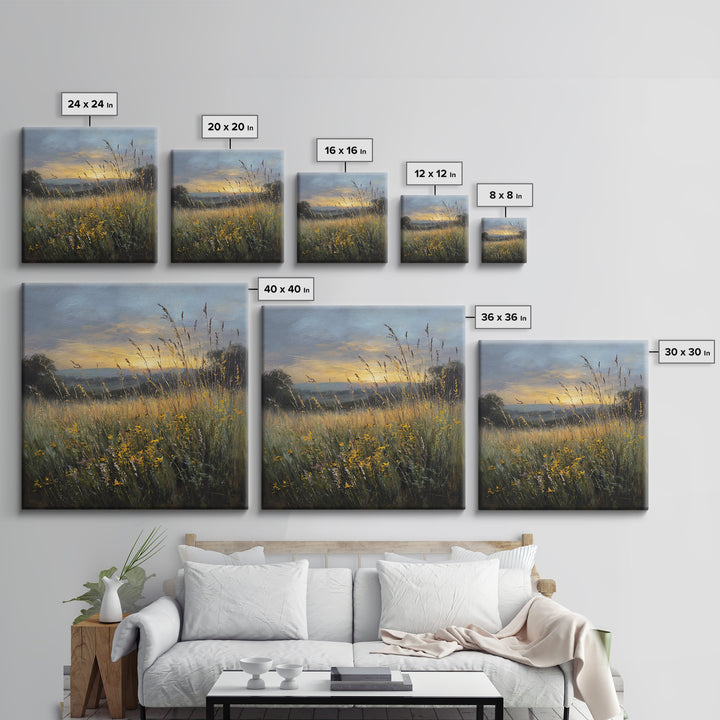 Sunrise Through Tall Grass and Wildflowers Framed Canvas Print, Nature Art, Framed Art, Living Room Decor, Watercolor Art, NAT-1x1-11