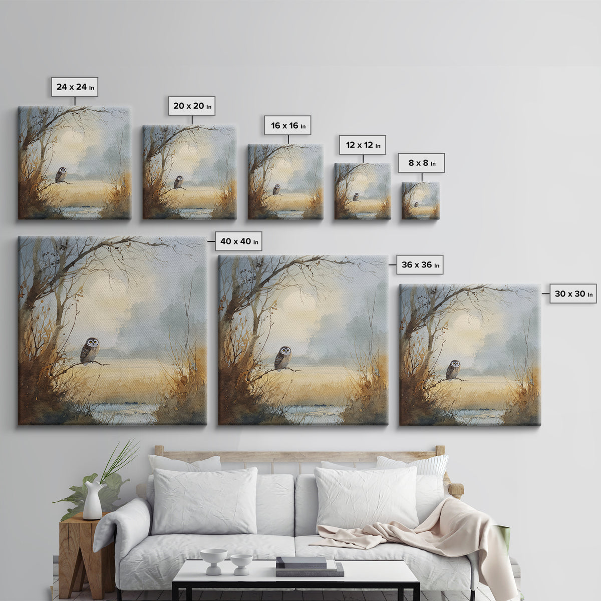 Owl in Moonlit Branches Canvas Print, Nature Art, Living Room Decor, Nature, Ocean Art, Bird Wall Art, Nature Wall Art, NAT-1x1-19