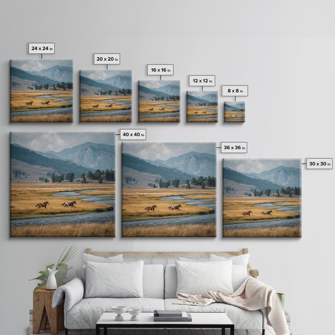 Wild Horses Running Near Mountain Ridge Canvas Print, Nature Art, Modern Wall Art, Living Room Decor, Fine Art, Nature, NAT-1x1-22
