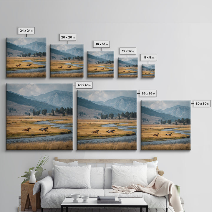Wild Horses Running Near Mountain Ridge Canvas Print, Nature Art, Modern Wall Art, Living Room Decor, Fine Art, Nature, NAT-1x1-22