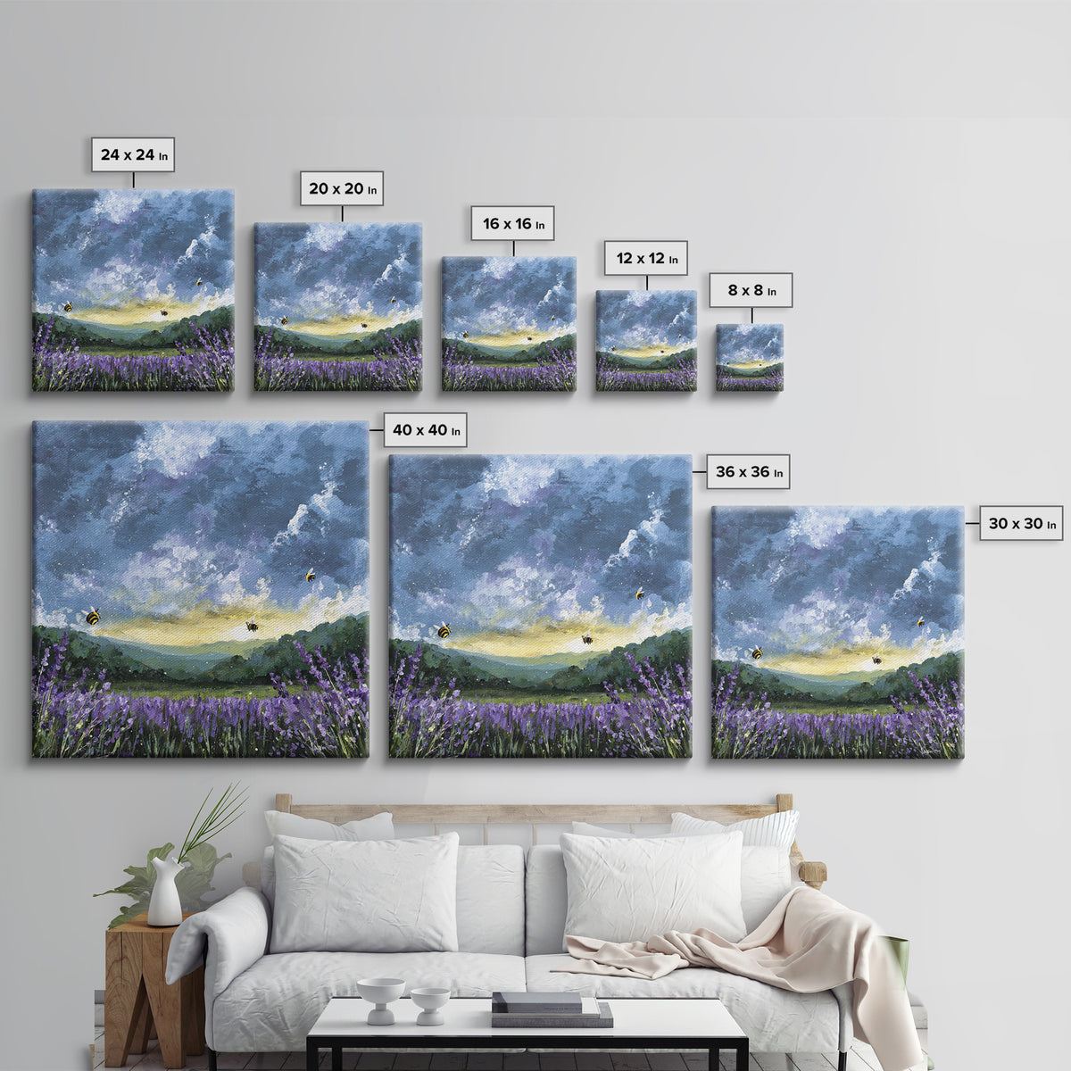 Bees Circling Lavender Blossoms Canvas Print, Nature Art, Original Painting, Living Room Decor, Nature, Mountain Wall Art, NAT-1x1-23