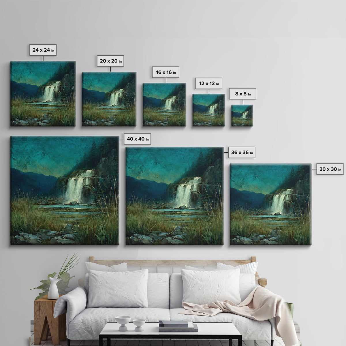 Waterfall Hidden Among Dark Green Rocks Framed Canvas Print, Nature Art, 3d Wall Art, Living Room Decor, Fine Art, Nature, NAT-1x1-27