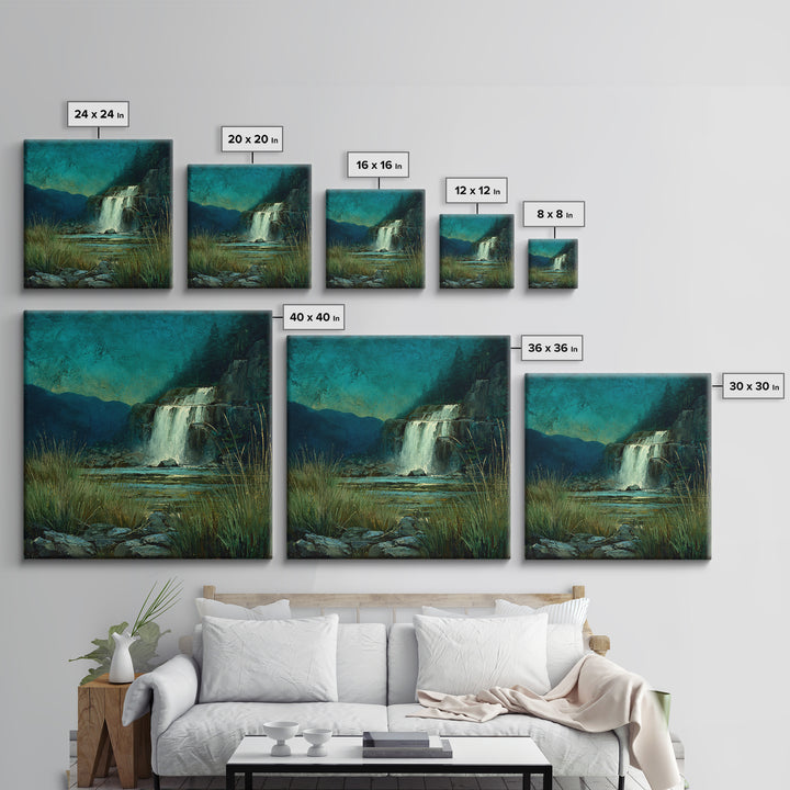 Waterfall Hidden Among Dark Green Rocks Framed Canvas Print, Nature Art, 3d Wall Art, Living Room Decor, Fine Art, Nature, NAT-1x1-27