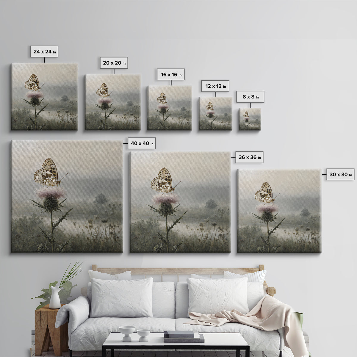 Butterfly Resting on a Blooming Thistle Framed Canvas Print, Nature Art, Living Room Decor, Oil Painting, Nature, NAT-1x1-28