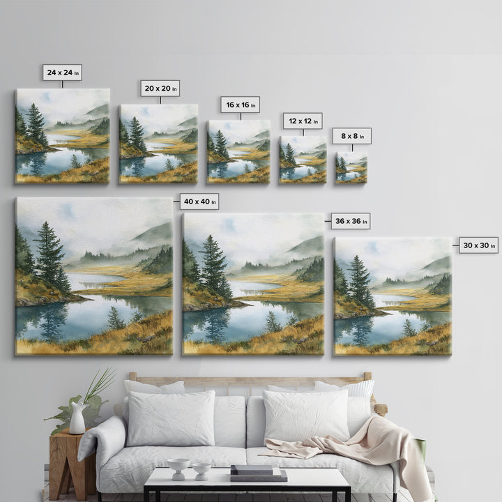 Misty Mountain Lake Framed Canvas Print, Nature Art, Fine Art Print, Living Room Decor, Watercolor Art, Nature, Poster, NAT-1x1-29