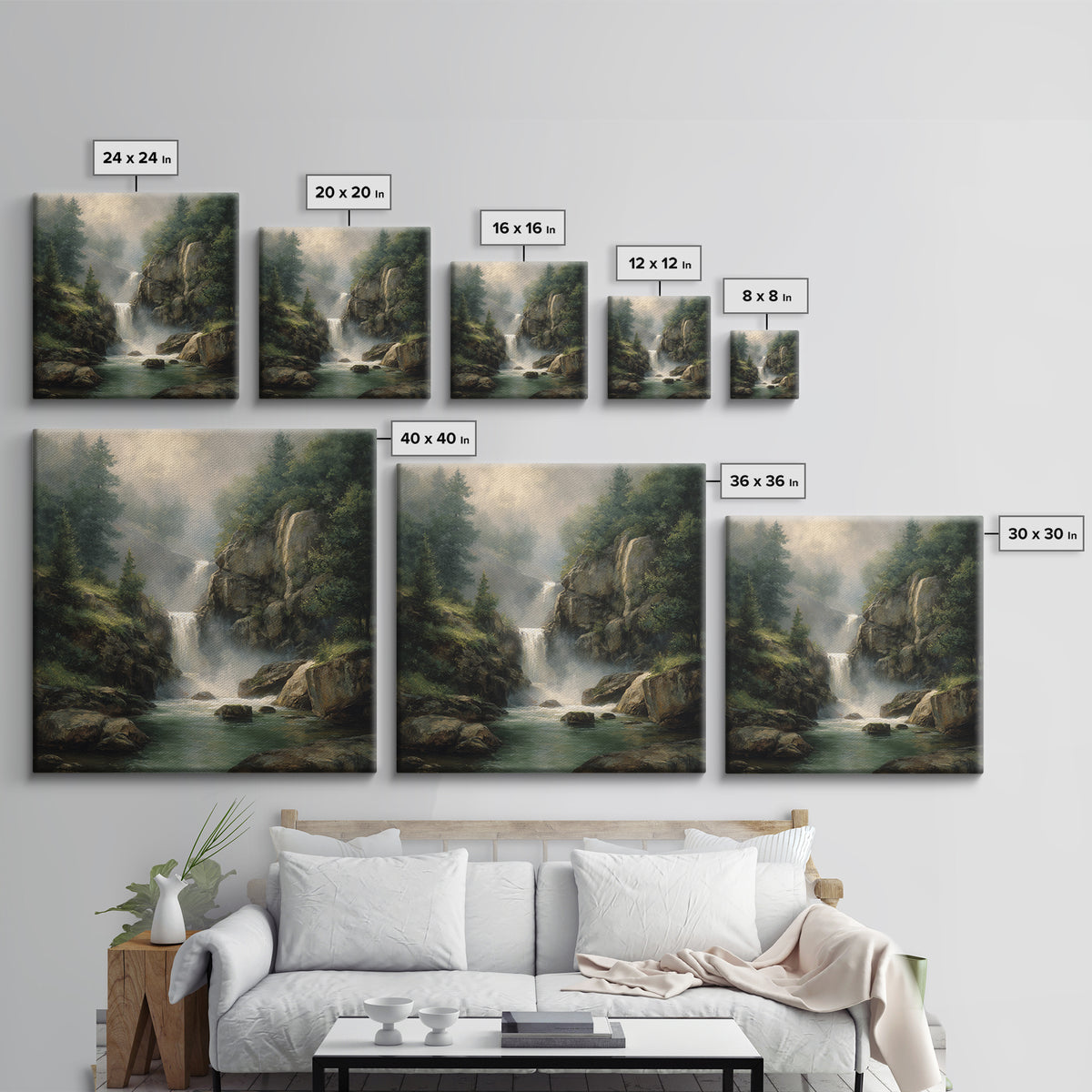 Waterfall Hidden Among Dark Green Rocks Canvas Print, Nature Art, Floral, Living Room Decor, Abstract Art, Nature, Moss Art, NAT-1x1-3