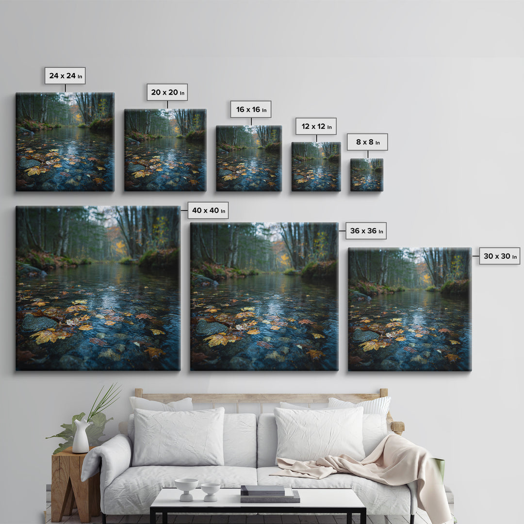 Autumn Leaves Floating on Quiet Stream Canvas Print, Nature Art, Digital Download Art, Living Room Decor, Oil Painting, Nature, NAT-1x1-30