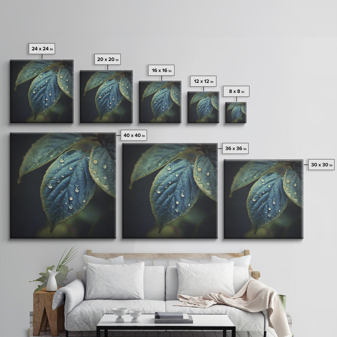 Rain Drops on a Large Green Leaf Framed Canvas Print, Nature Art, Statement Artwork, Living Room Decor, Fine Art, Nature, NAT-1x1-33