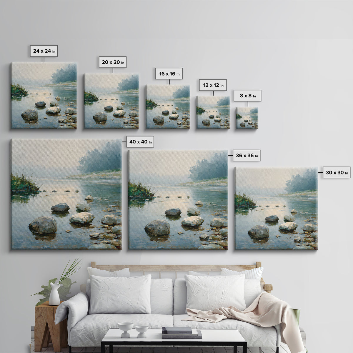 River Stones under Clear Shallow Water Framed Canvas Print, Nature Art, Mountain Art, Living Room Decor, Oil Painting, Nature, NAT-1x1-37