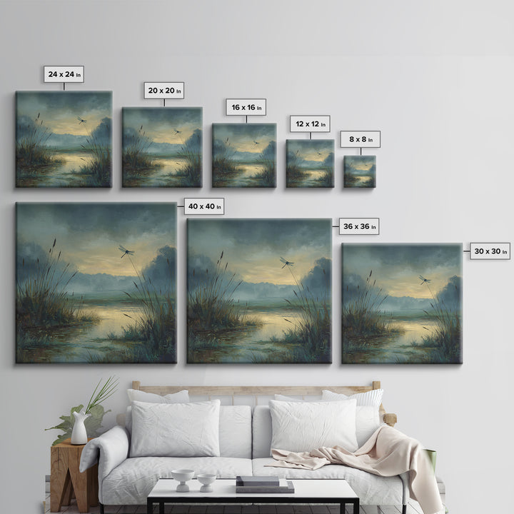 Dragonfly over a Pond with Reeds Framed Canvas Print, Nature Art, Moss Art, Living Room Decor, Abstract Art, Nature, NAT-1x1-42