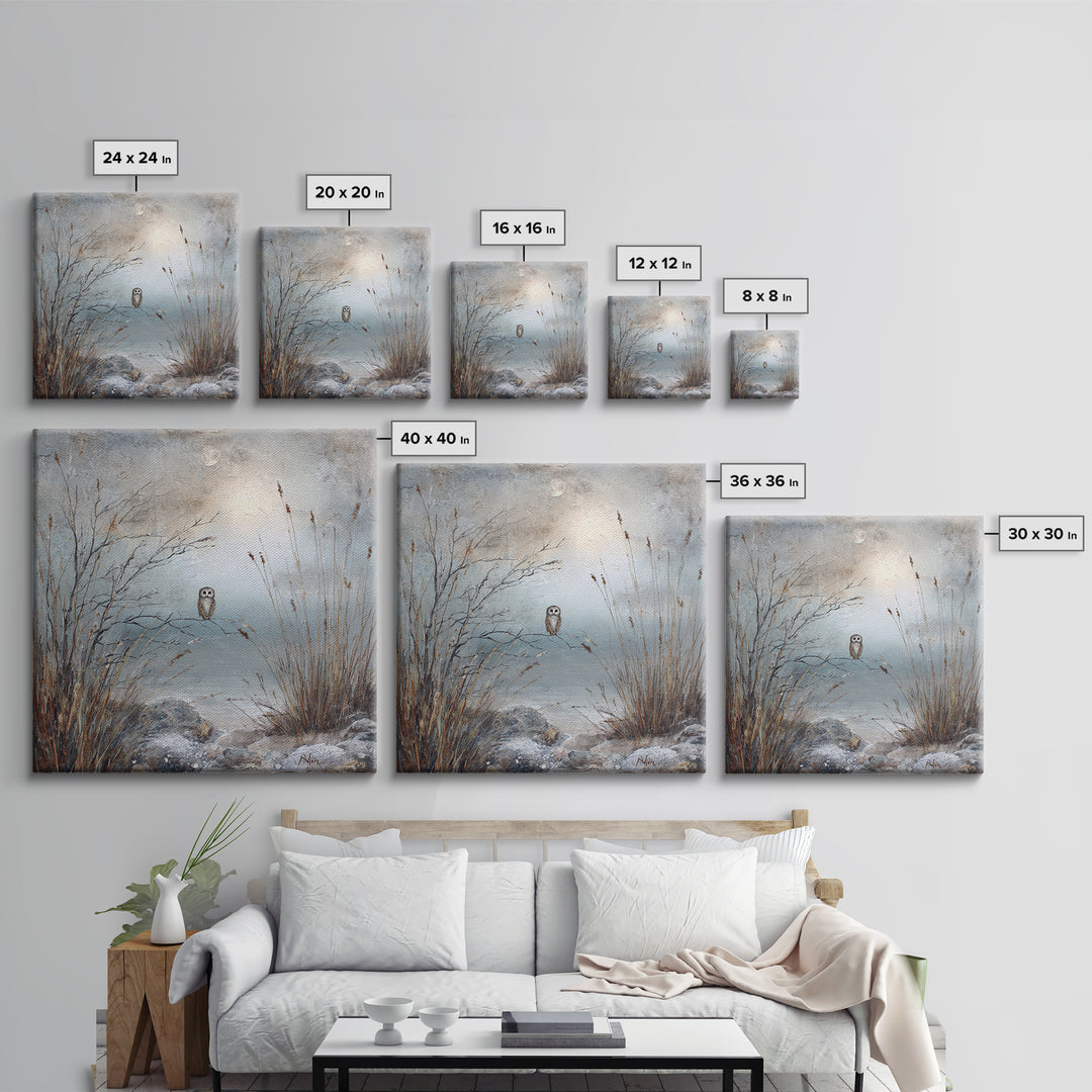 Owl in Moonlit Branches Framed Canvas Print, Nature Art, Living Room Wall Art, Living Room Decor, Nature, Neutral Decor, NAT-1x1-43