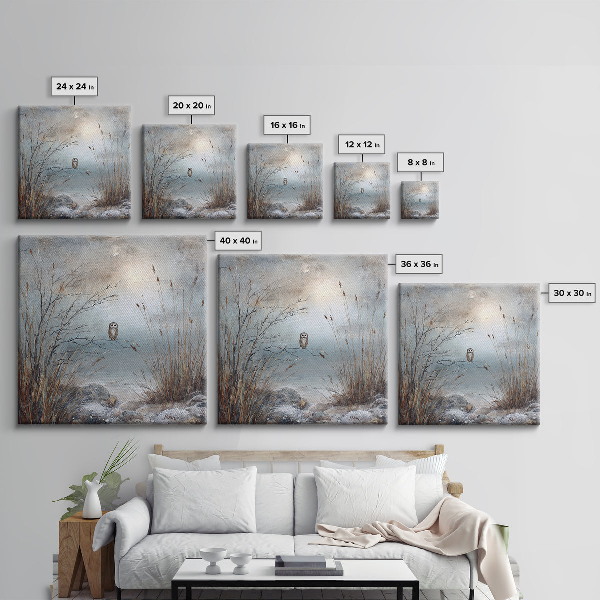 Owl in Moonlit Branches Framed Canvas Print, Nature Art, Living Room Wall Art, Living Room Decor, Nature, Neutral Decor, NAT-1x1-43