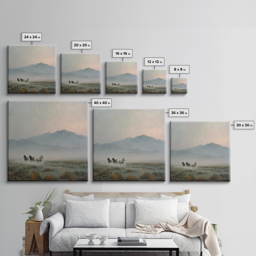 Wild Horses Running Near Mountain Ridge Framed Canvas Print, Nature Art, Landscape Art, Living Room Decor, Oil Painting, Nature, NAT-1x1-46