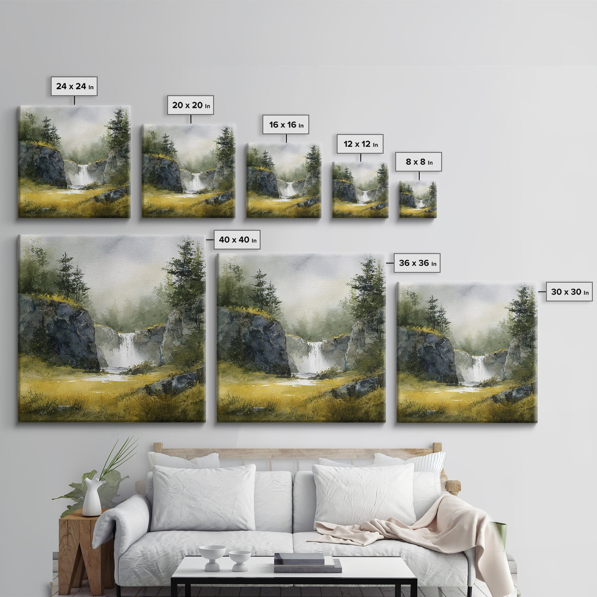 Waterfall Hidden Among Dark Green Rocks Framed Canvas Print, Nature Art, Bird Wall Art, Living Room Decor, Oil Painting, Nature, NAT-1x1-51