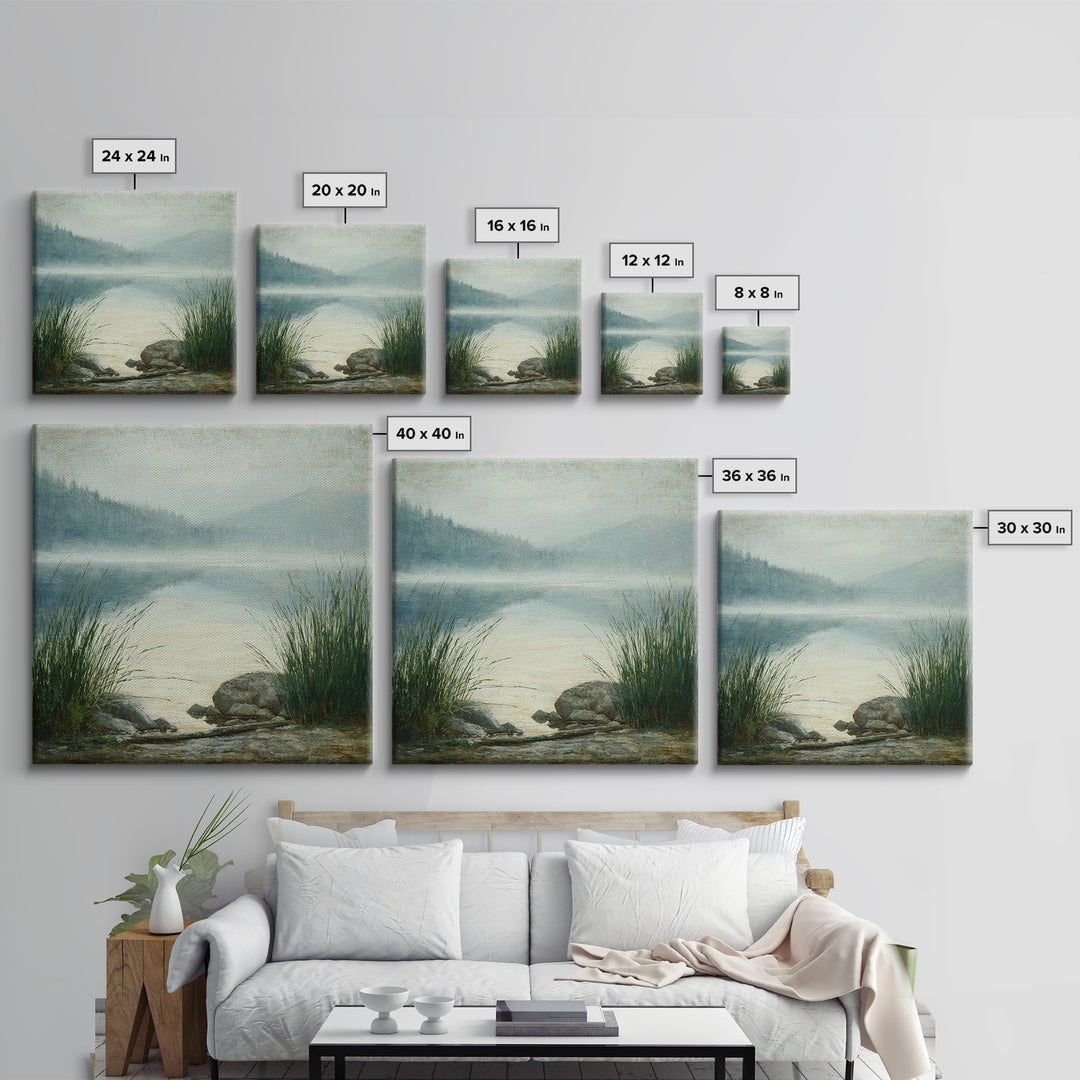 Misty Mountain Lake Framed Canvas Print, Nature Art, Fine Art Print, Living Room Decor, Watercolor Art, Nature, Poster, NAT-1x1-53