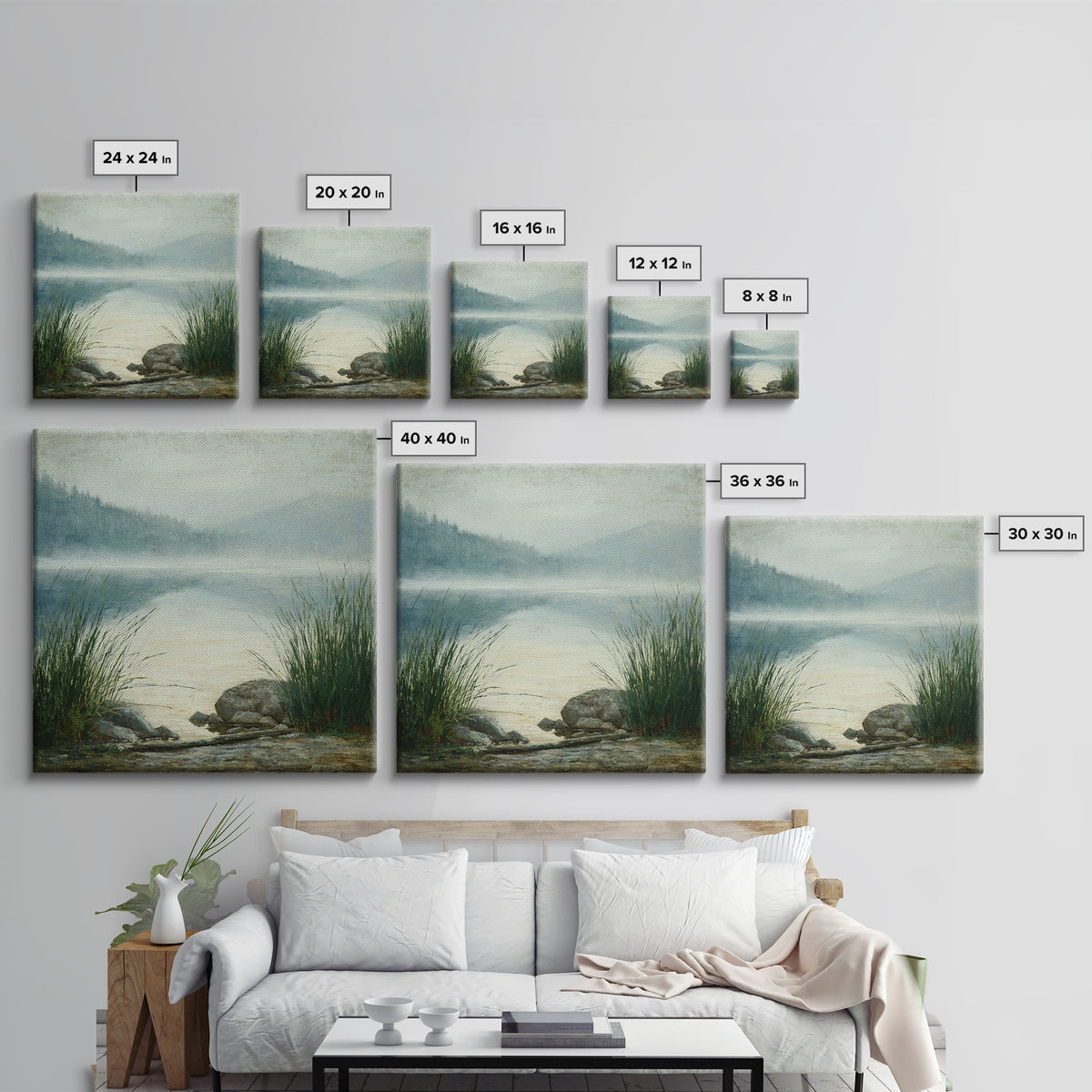 Misty Mountain Lake Framed Canvas Print, Nature Art, Fine Art Print, Living Room Decor, Watercolor Art, Nature, Poster, NAT-1x1-53
